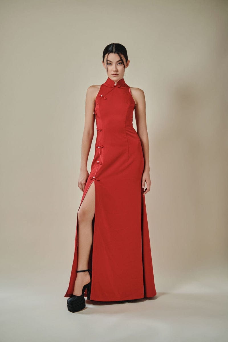 Beth and Brian Qipao-Exclusivedesigner Exclusive designer collection, sleeveless satin floor length Qipao
