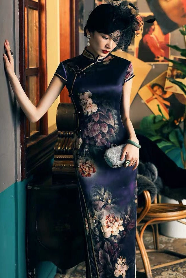 Beth and Brian Qipao-TL 19 mome mulberry silk , Floral pattern, High-end longQipao