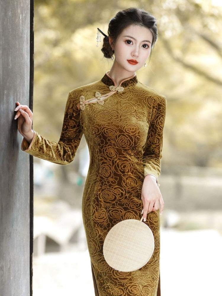Beth and Brian Qipao-RZY Chinese classic style, velvet fabric long Cheongsam