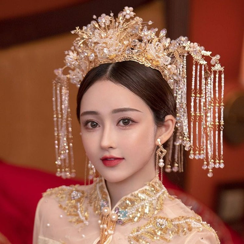 Beth and Brian Qipao-CY Handmade, traditional Chinese bridal tassel hair Crown & Earrings