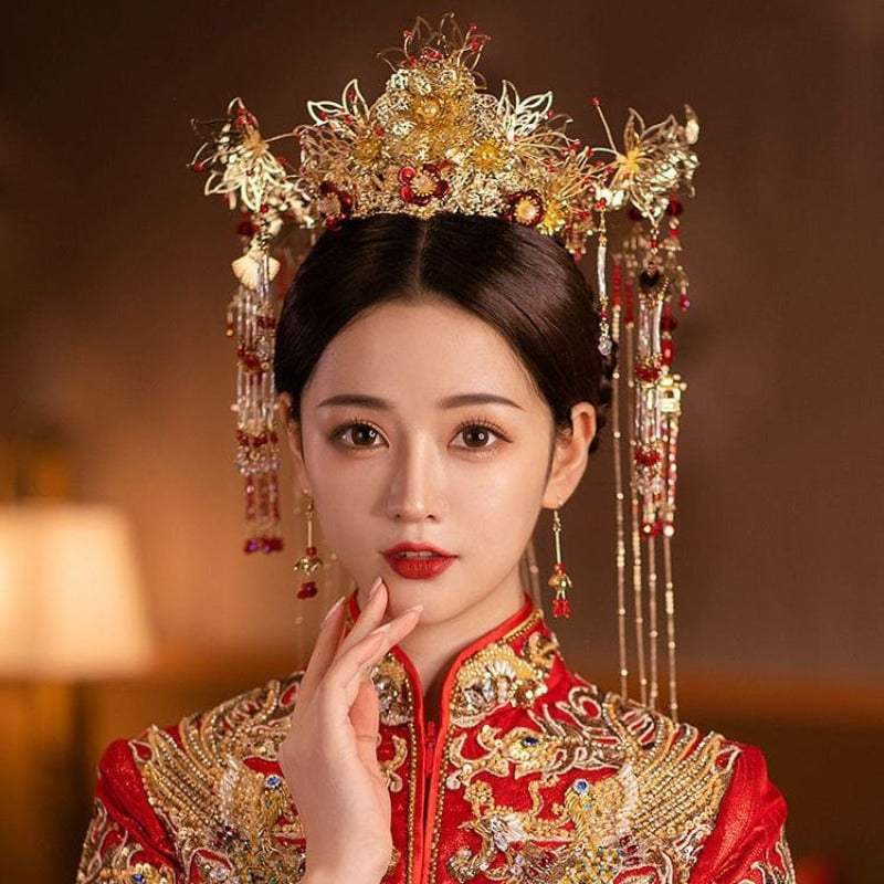 Beth and Brian Qipao-CY Chinese Traditional Tassel Bridal Hair Crown & Earrings