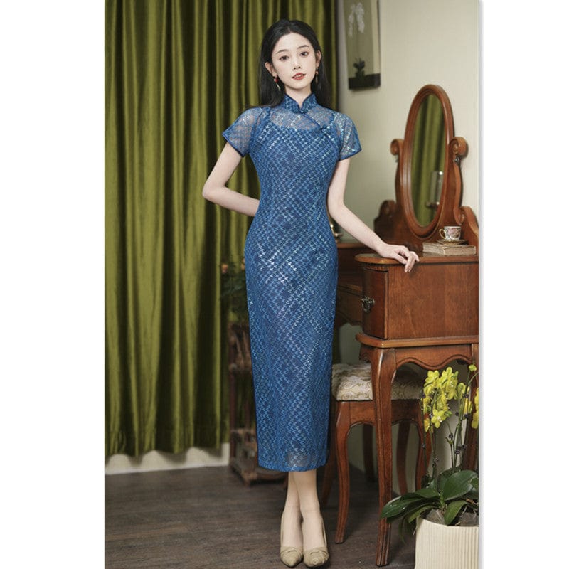 Beth and Brian Qipao-SYK Floral pattern, lace fabric long Cheongsam