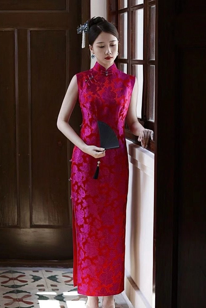 Beth and Brian Qipa-JMX New Chinese style (新中式), sleeveless fuchsia midi Cheongsam