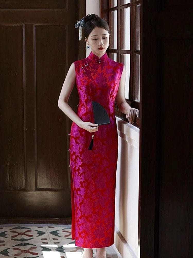 Beth and Brian Qipa-JMX New Chinese style (新中式), sleeveless fuchsia midi Cheongsam