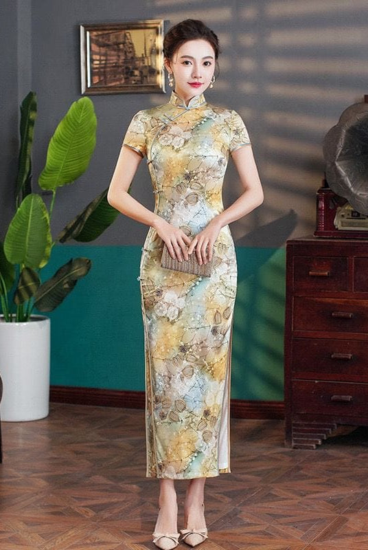 Beth and Brian Qipao-WXG Leaf pattern, high end, silk long Cheongsam