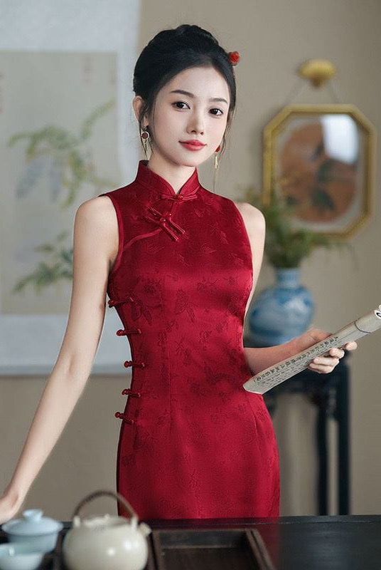Beth and Brian Qipao-ZQYS New Chinese style (新中式), jacquard red midi Qipao