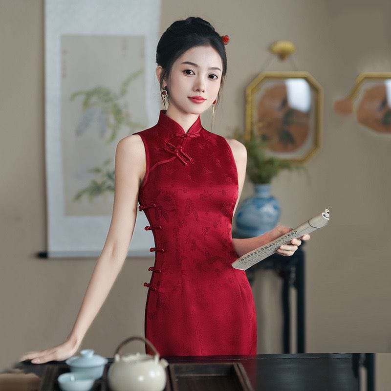 Beth and Brian Qipao-ZQYS New Chinese style (新中式), jacquard red midi Qipao