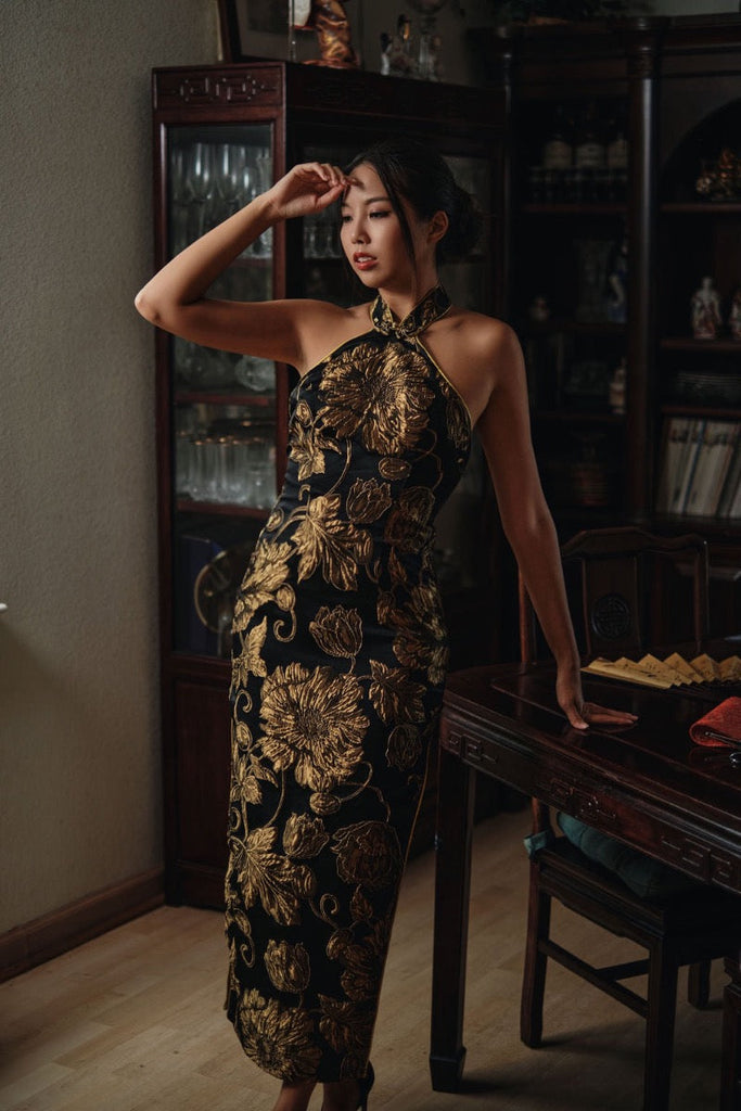 Beth and Brian Qipao - SD Exclusive designer collection, Jacquard Golden floral long Qipao