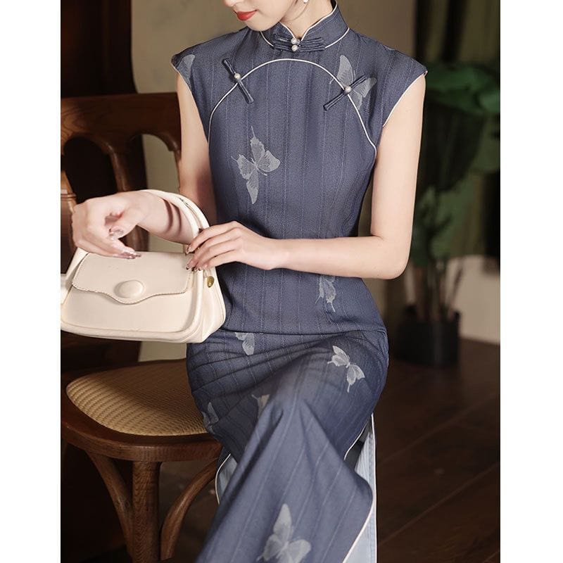 Beth and Brian Qipao-QL Butterfly pattern, cottonfabric, blue mid-length Cheongsam