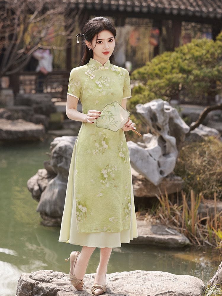 Beth and Brian Qipao-HY Floral pattern, green mid-length Cheongsam