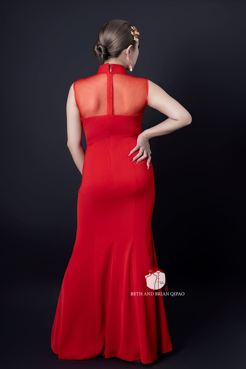 Beth and Brian Qipao - YB Exclusive designer collection, floral embroidery, red long Qipao
