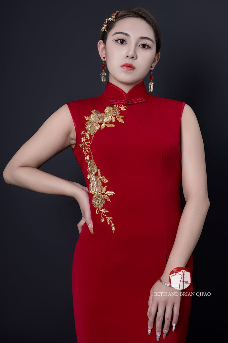 Beth and Brian Qipao - YB Exclusive designer collection, gold floral long red Qipao