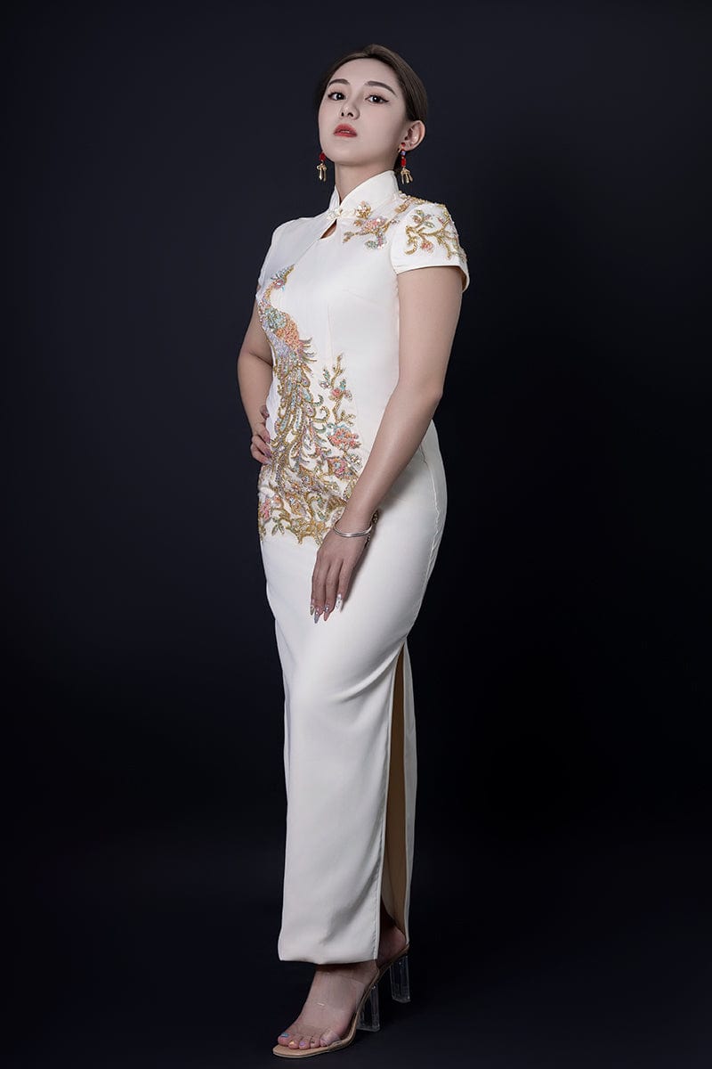 Beth and Brian Qipao - YB Peacock embroidery, beige Qipao