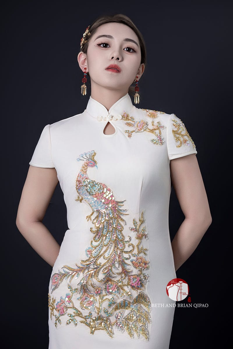 Beth and Brian Qipao - YB Peacock embroidery, beige Qipao