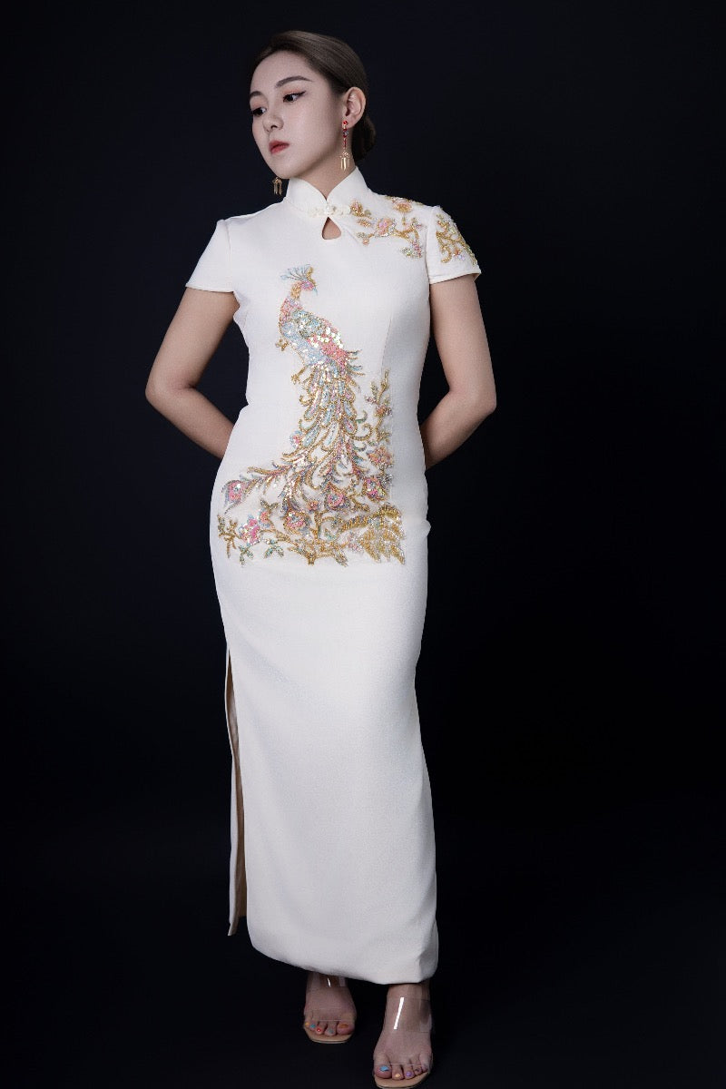 Beth and Brian Qipao - YB Peacock embroidery, champagne long Qipao