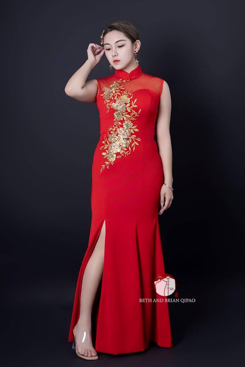 Beth and Brian Qipao - YB Exclusive designer collection, floral embroidery, red long Qipao