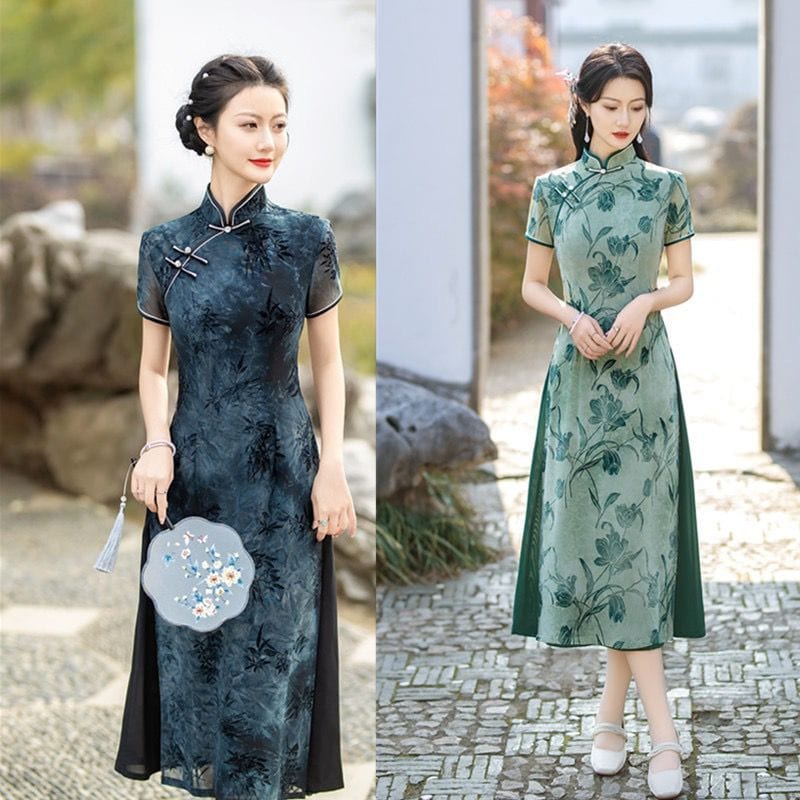 Beth and Brian Qipao-SYK Flocking jacquard fabric, daily midi Ao dai