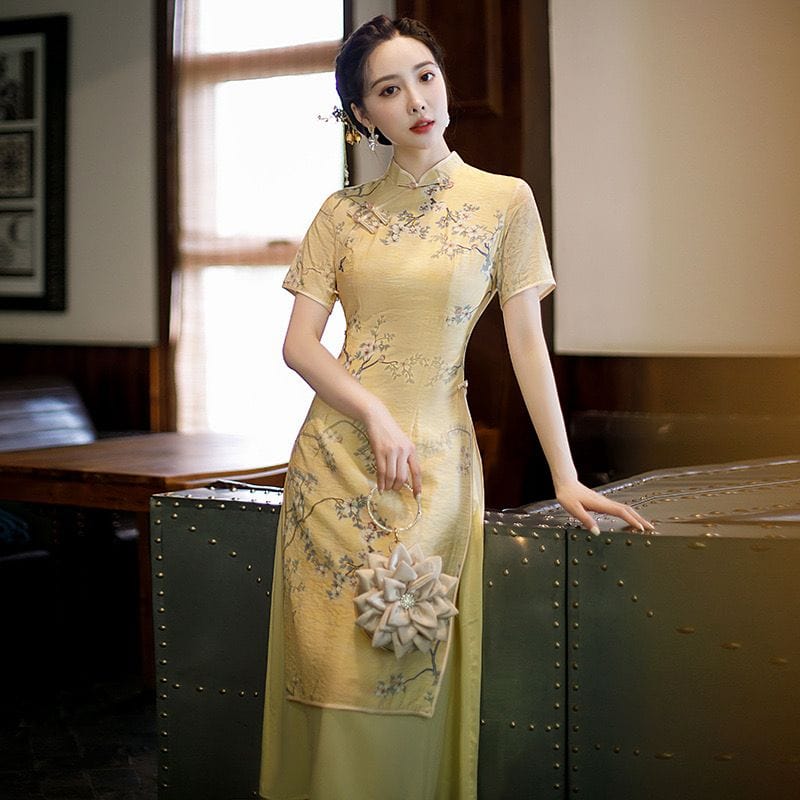 Beth and Brian Qipao-GSJ Summer collection, floral pattern, yellow mid-length Ao dai