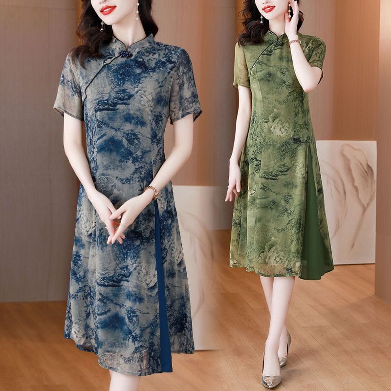 Beth and Brian Qipao-YB Chinese water painting pattern, A line midi Qipao for mothers