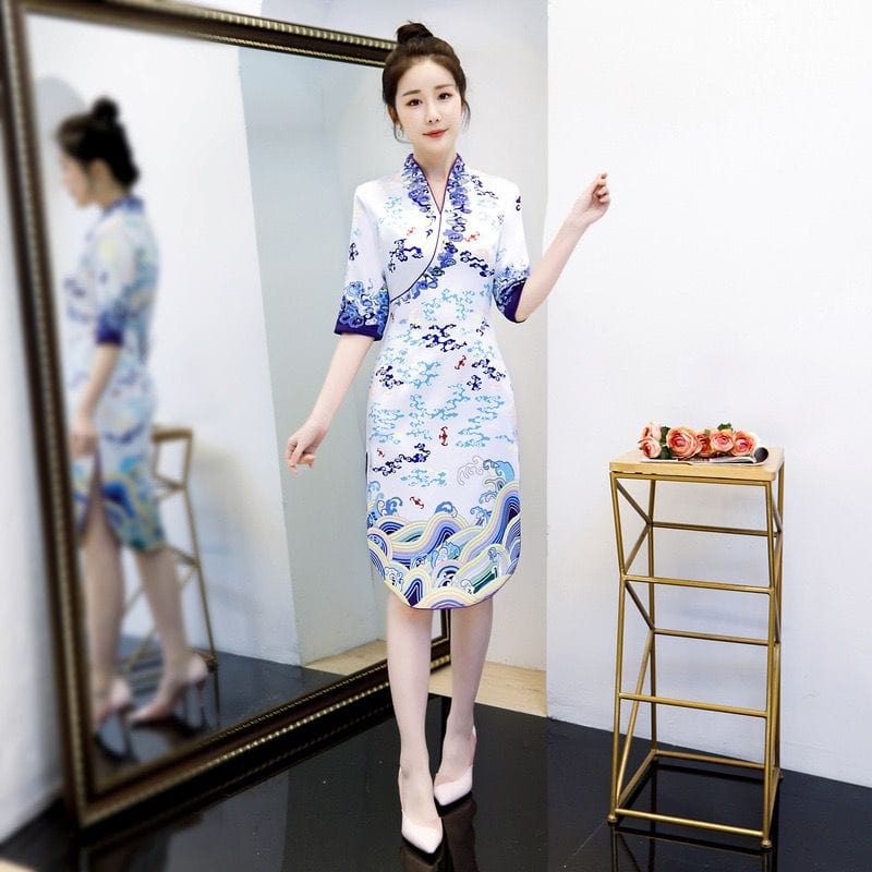 Beth and Brian Qipao-TF Summer and fall collection, silk satin mid-length Cheongsam