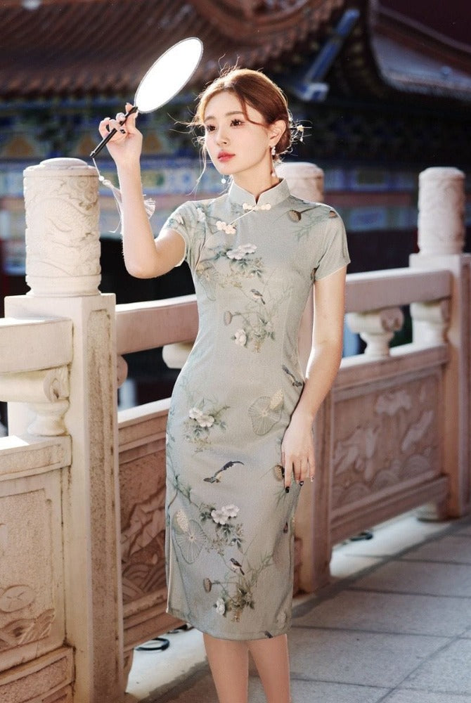 Beth and Brian Qipao-YG Floral pattern, silk hemp midi Cheongsam with short sleeves