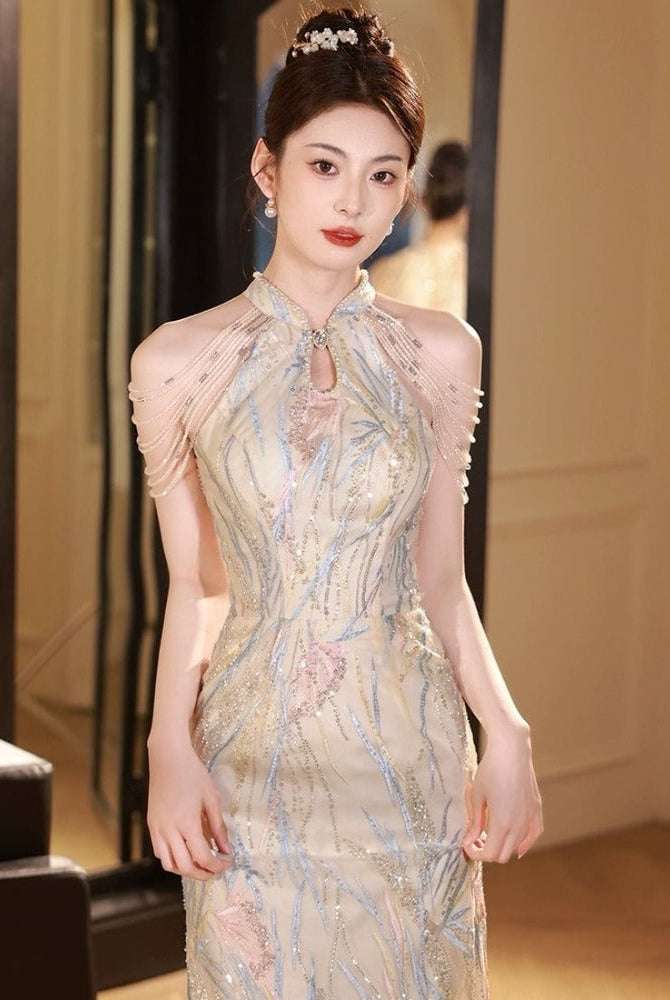 Beth and Brian Qipao-YJN New Chinese style (新中式), sequins long Cheongsam