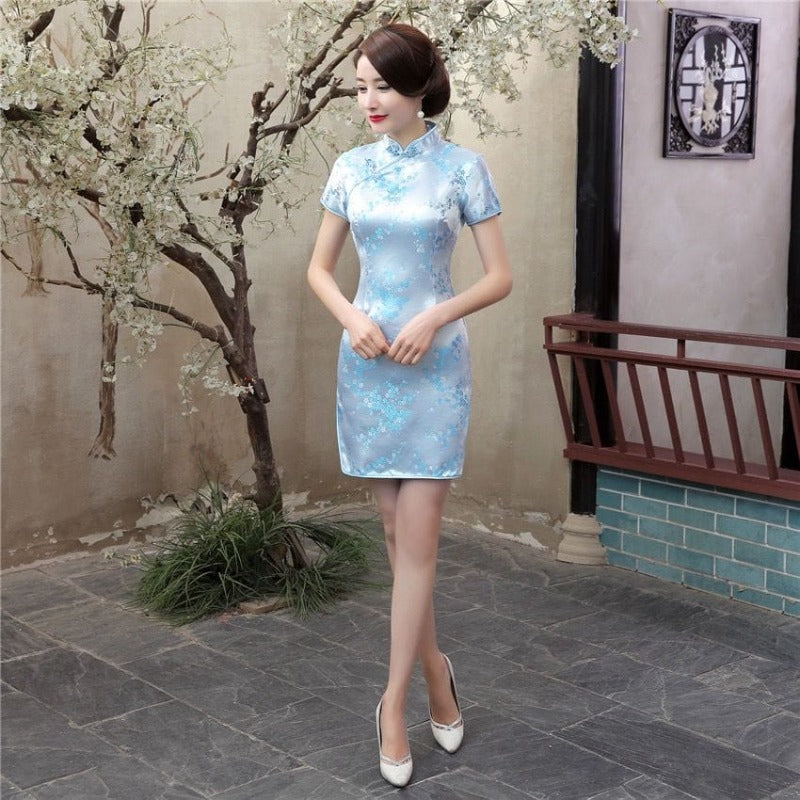 Beth and Brian Qipao - JXGZ Plus size plum blossom, brocade fabric short Cheongsam