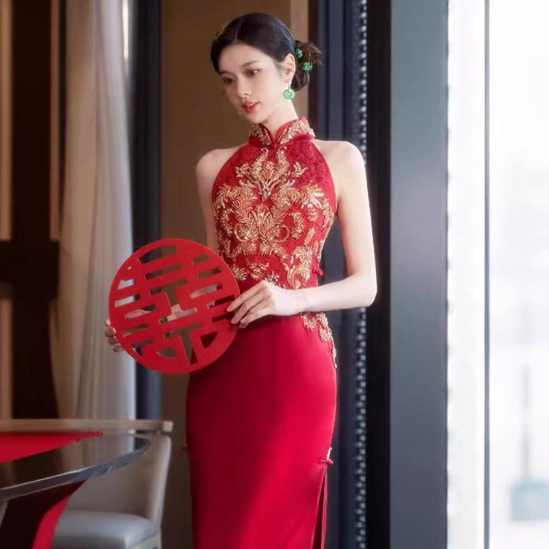 Beth and Brian Qipao - YB New Chinese style (新中式), floral embroidery, long red Cheongsam
