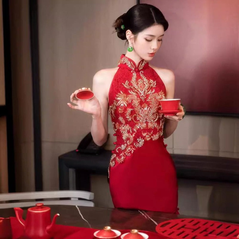 Beth and Brian Qipao - YB New Chinese style (新中式), floral embroidery, long red Cheongsam