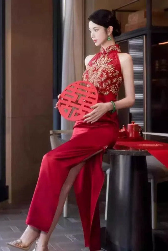 Beth and Brian Qipao - YB New Chinese style (新中式), floral embroidery, long red Cheongsam