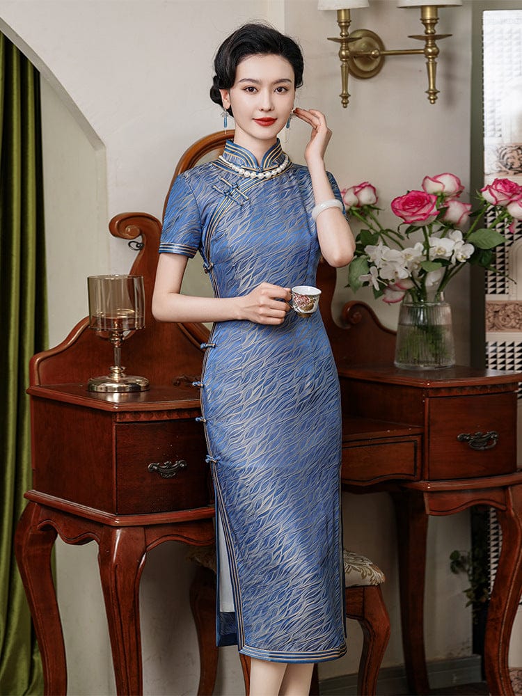 Beth and Brian Qipao -TL Mulberry silk and Jacquard, high end long Cheongsam
