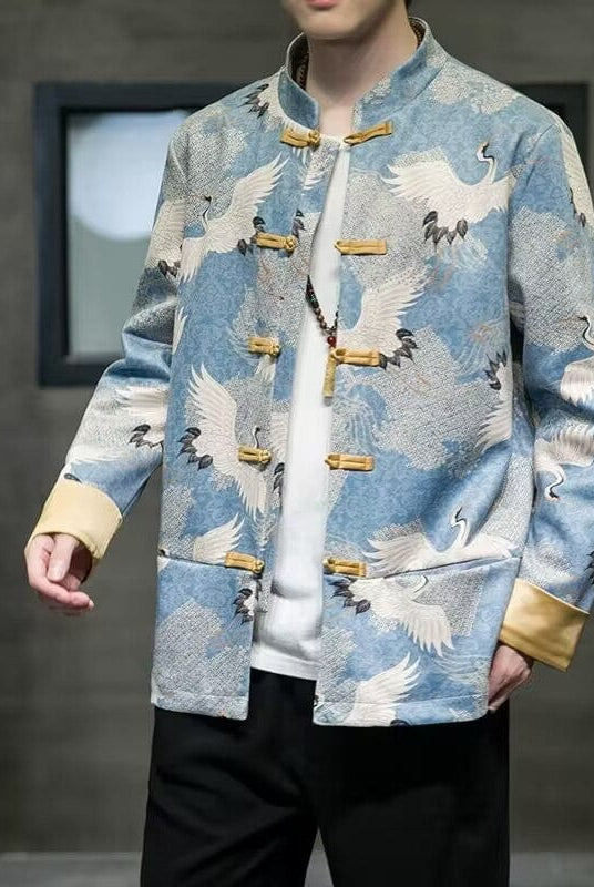 Beth and Brian Qipao-DC Crane print, blue Chinese Tang Suit Jacket