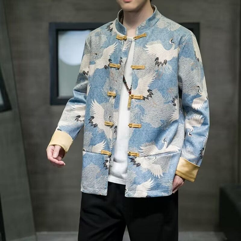 Beth and Brian Qipao-DC Crane print, blue Chinese Tang Suit Jacket