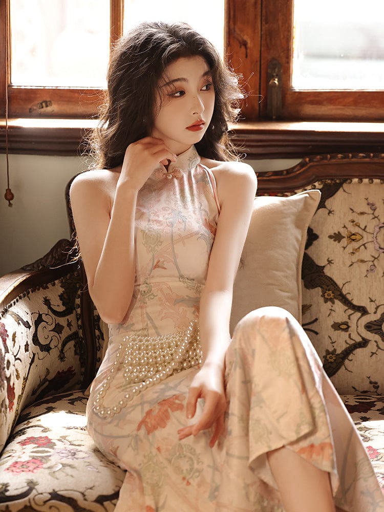 Beth and Brian Qipao-LSB New Chinese style(新中式), sleeveless satin long Cheongsam