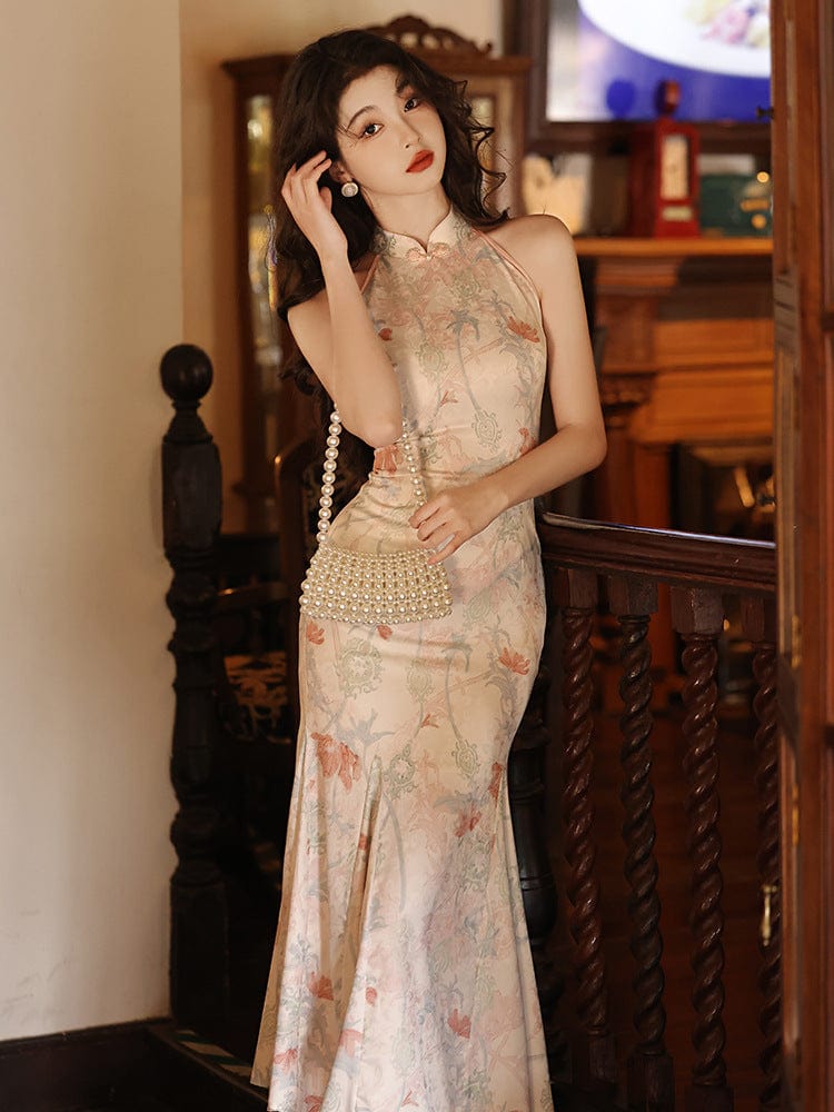 Sleeveless Qipao, satin Modern Cheongsam, long Qipao, daily Cheongsam XL / Pink-green