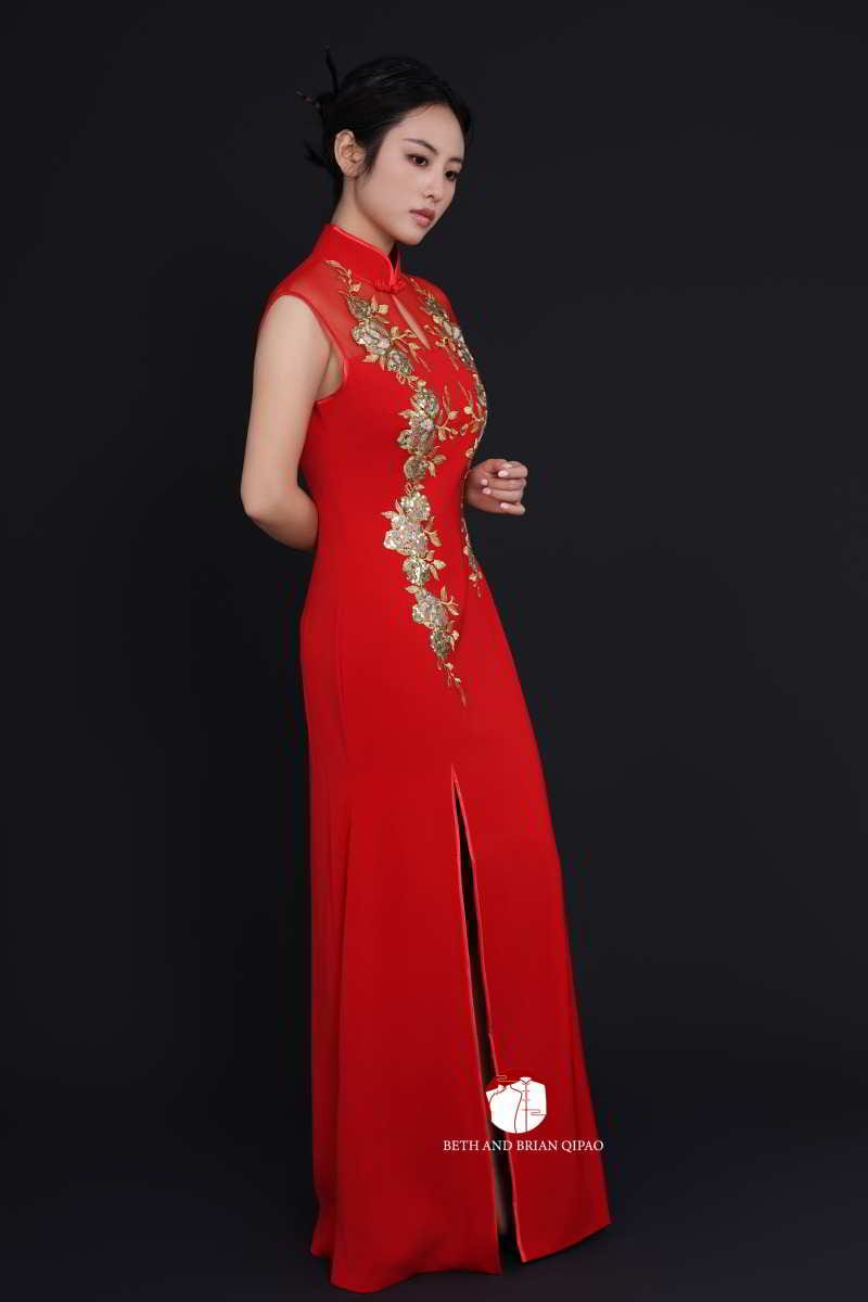 Beth and Brian Qipao - YB Exclusive designer collection, floral red long Qipao