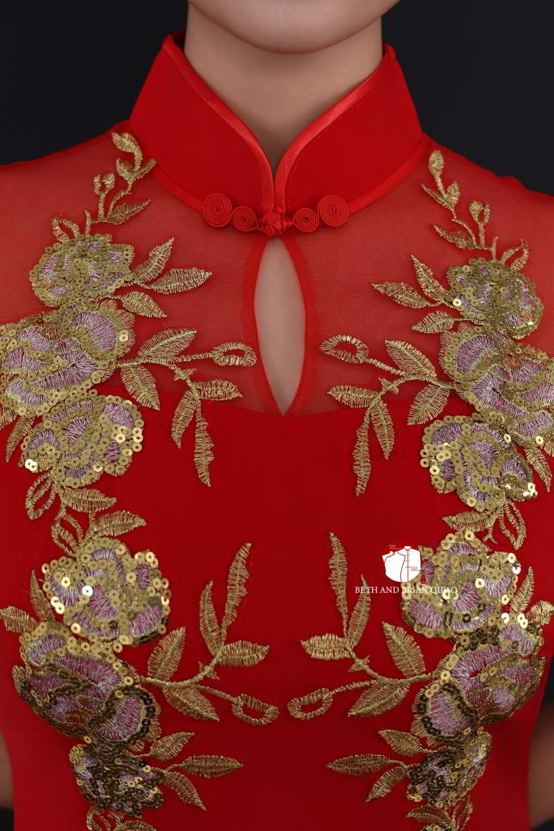 Beth and Brian Qipao - YB Exclusive designer collection, floral red long Qipao