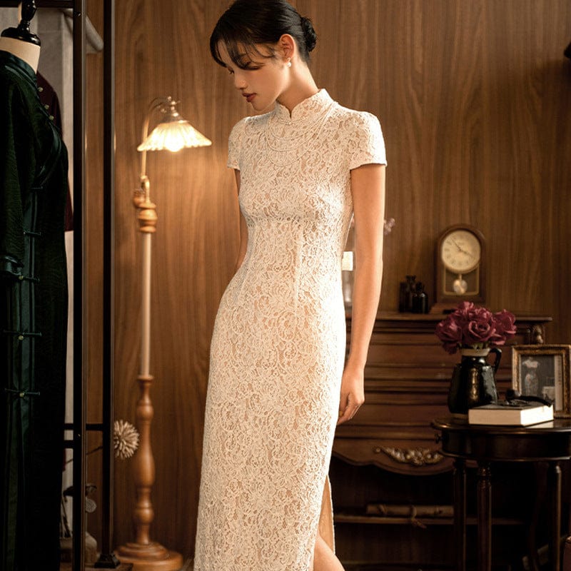 Beth and Brian Qipao - YB Lace fabric, floral pattern, wedding long Cheongsam