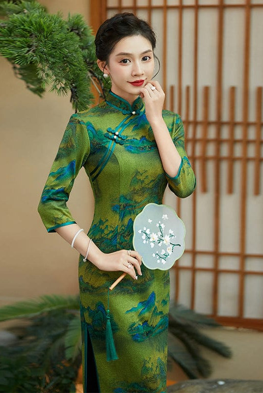 Beth and Brian Qipao-QCYJ Landscape pattern, green plus size long Qipao