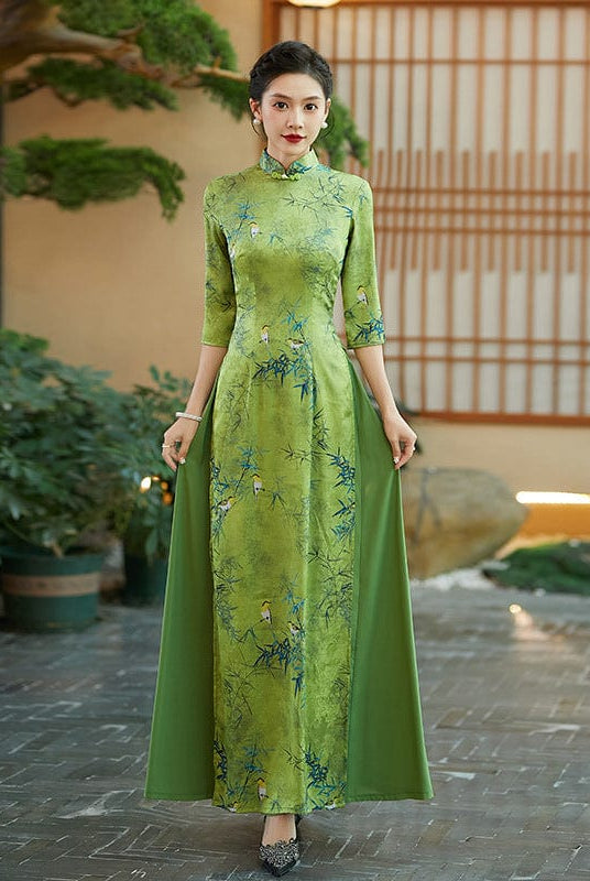Beth and Brian Qipao-QCYJ Bamboo leaf pattern, silk satin long Ao dai