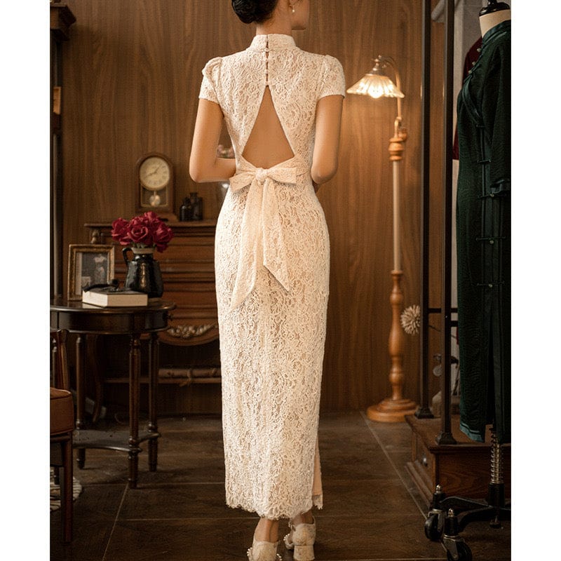 Beth and Brian Qipao - YB Lace fabric, floral pattern, wedding long Cheongsam