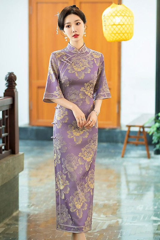 Beth and Brian Qipao-ZQYS Floral print, Jacquard silk long Cheongsam with elbow sleeves