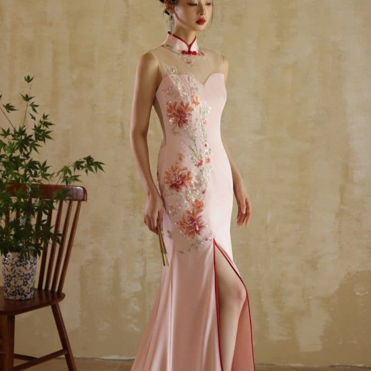 Beth and Brian Qipao - YB Exclusive designer collection, floral embroidery, halter fishtail Cheongsam