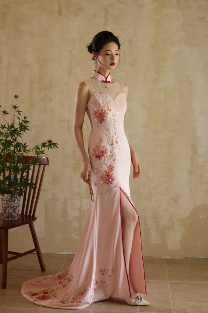 Beth and Brian Qipao - YB Exclusive designer collection, floral embroidery, halter fishtail Cheongsam