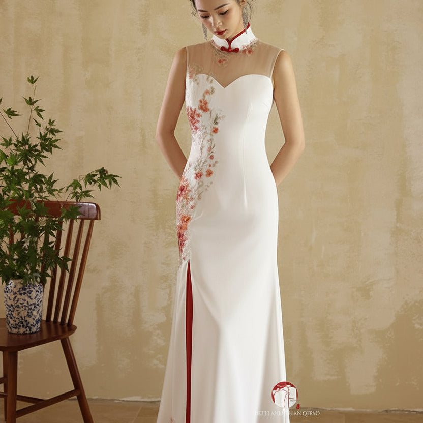 Beth and Brian Qipao - YB Exclusive designer collection, floral embroidery, halter fishtail Cheongsam