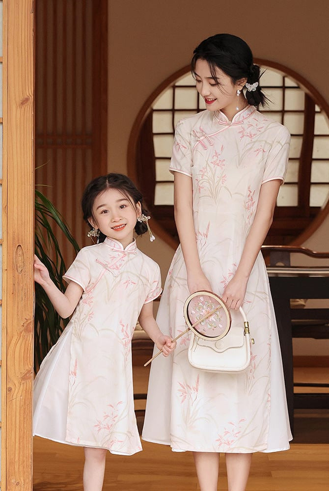 Beth and Brian Qipao-WQ Parent-child outfit, floral pattern midi Cheongsam