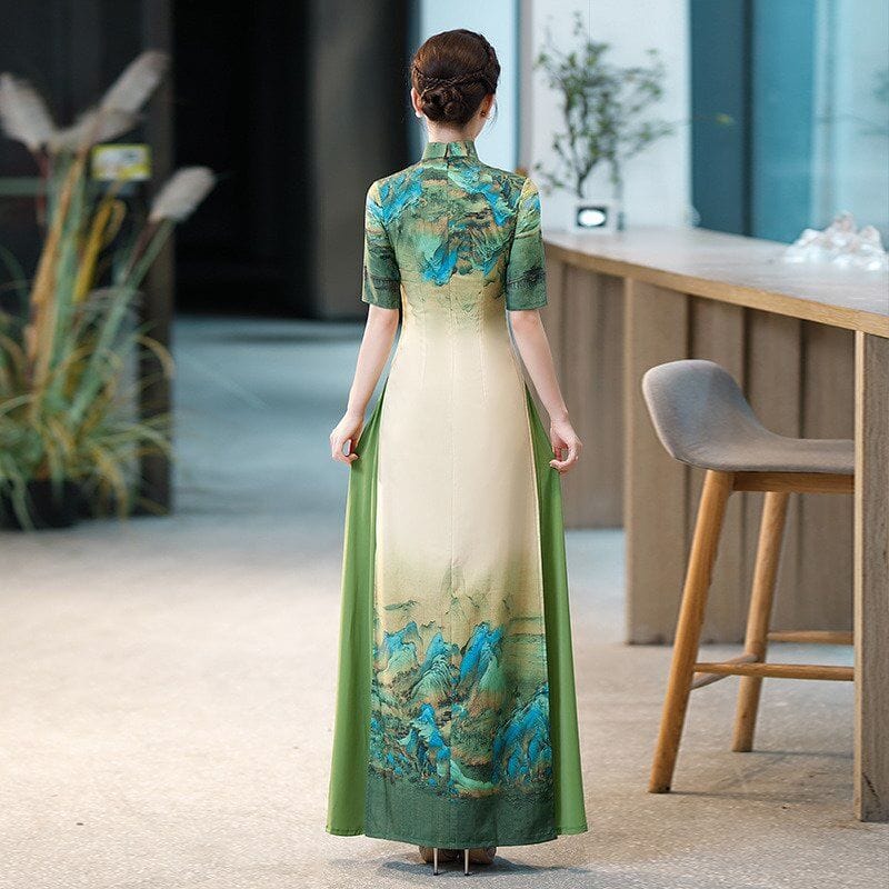 Beth and Brian Qipao-QCYJ Landscape pattern, silk satin, plus size long Ao dai