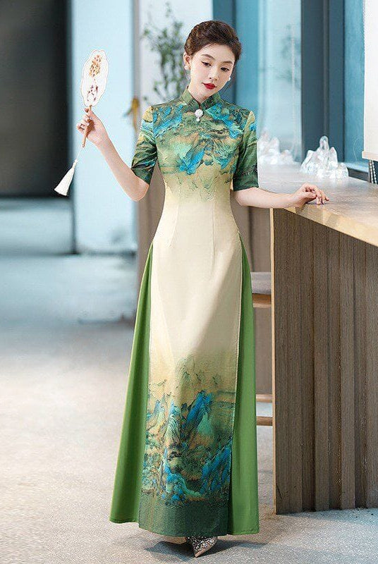 Beth and Brian Qipao-QCYJ Landscape pattern, silk satin, plus size long Ao dai