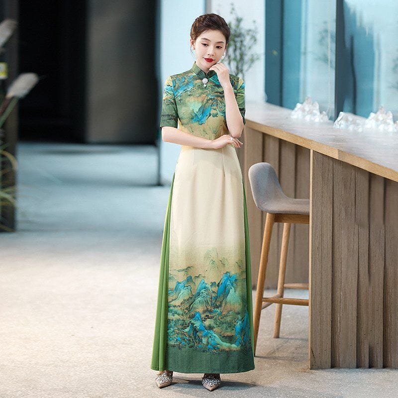 Beth and Brian Qipao-QCYJ Landscape pattern, silk satin, plus size long Ao dai