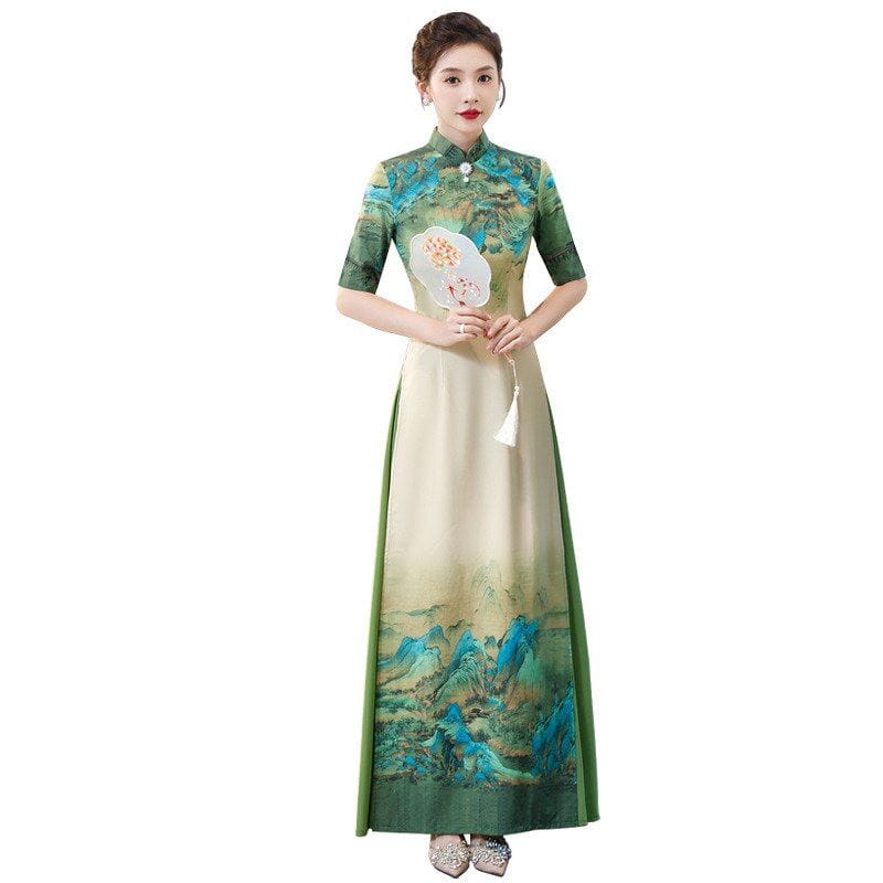 Beth and Brian Qipao-QCYJ Landscape pattern, silk satin, plus size long Ao dai